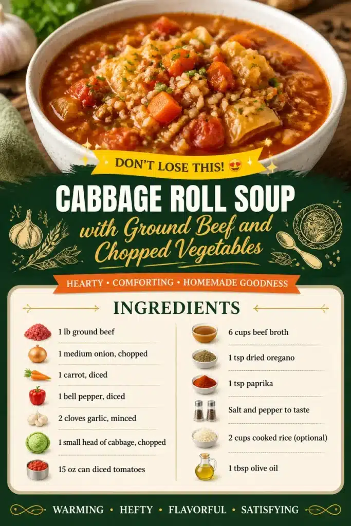 Delicious Cabbage Roll Soup with ground beef and vegetables in a bowl.