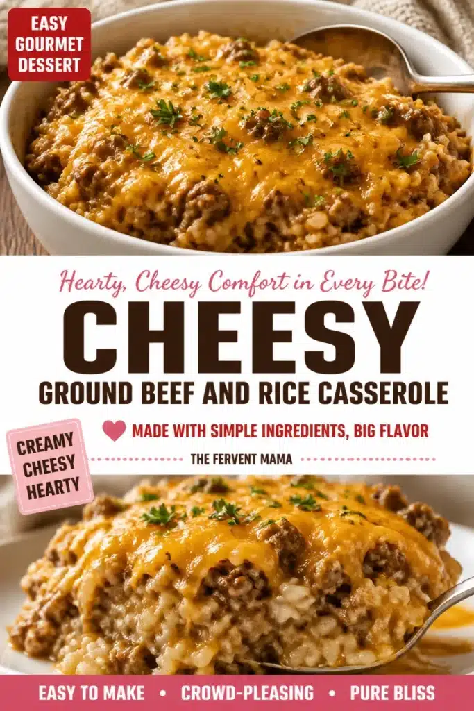 Cheesy Beef and Rice Casserole topped with melted cheese and herbs