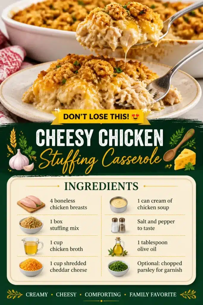 Cheesy Chicken Stuffing Casserole baked in a dish with golden topping