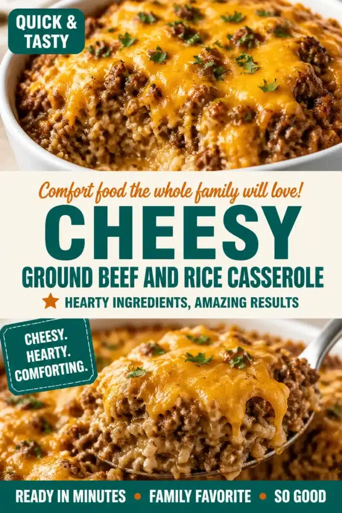 Delicious Cheesy Ground Beef and Rice Bake served in a casserole dish