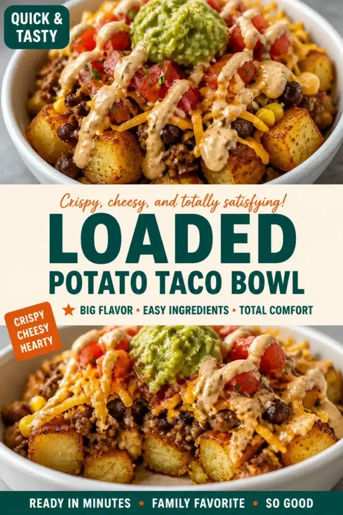 Cheesy Loaded Potato Taco Bowl with toppings and crispy tortilla