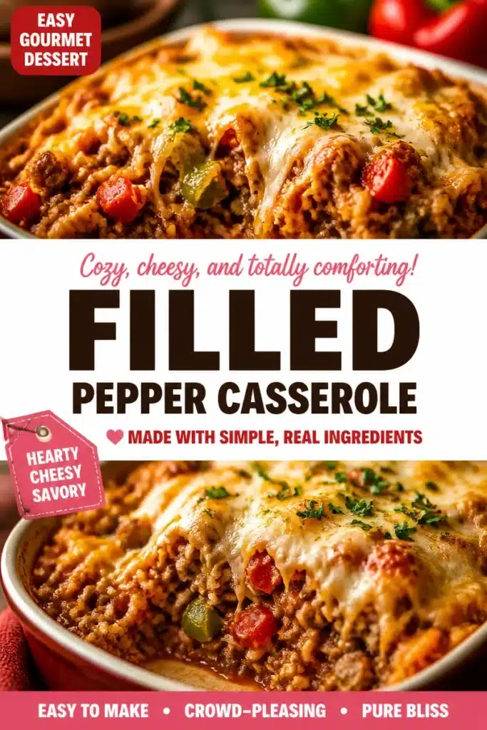 Cheesy stuffed pepper casserole served in a bowl, garnished with herbs.