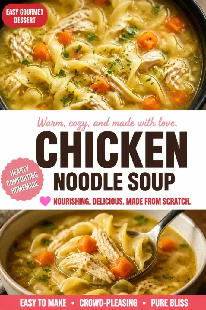 Bowl of homemade chicken noodle soup with fresh vegetables and herbs.