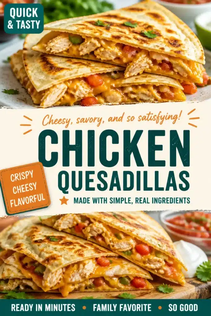 Delicious Chicken Quesadillas served with salsa and sour cream
