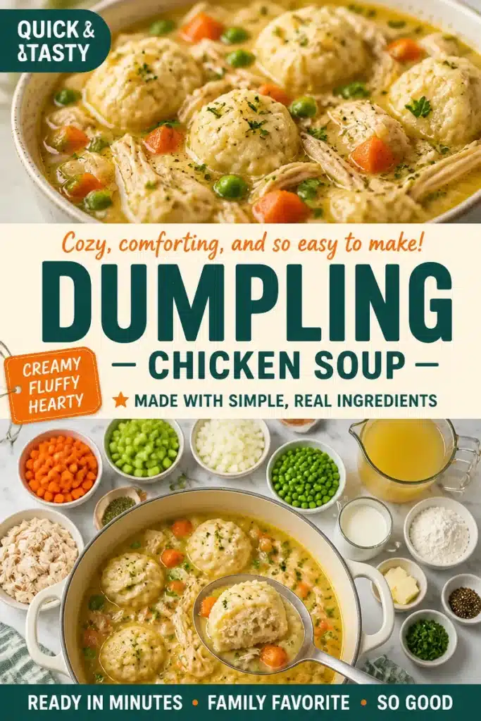 Bowl of chicken soup with dumplings, topped with fresh herbs and served hot.