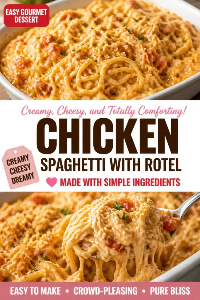Plate of Chicken Spaghetti with Rotel garnished with parsley