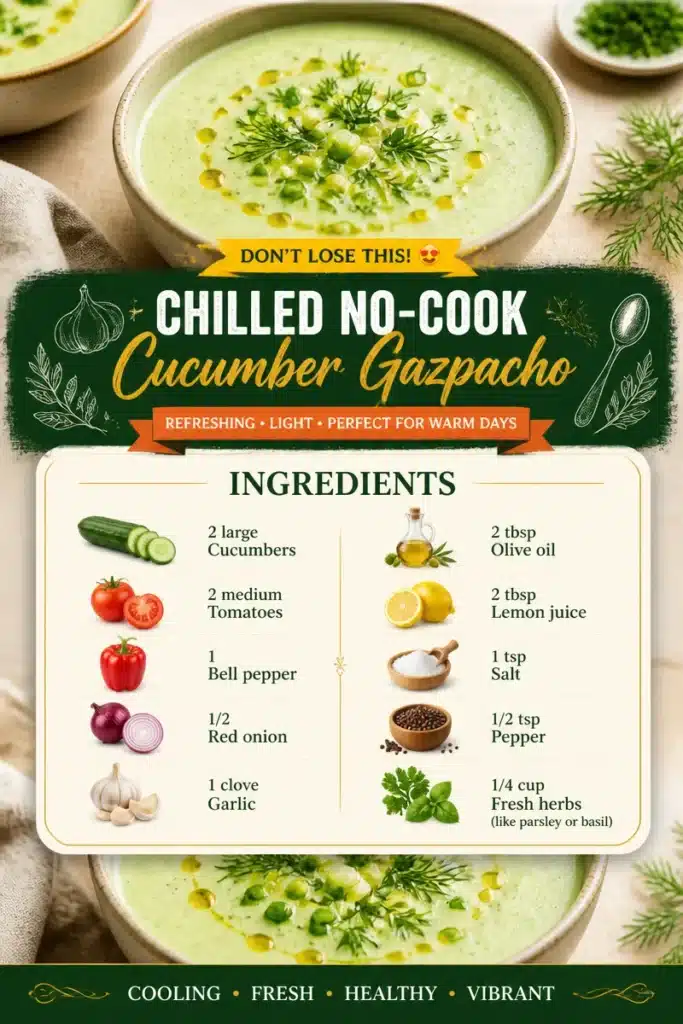 Chilled cucumber gazpacho served in a bowl, garnished with herbs.