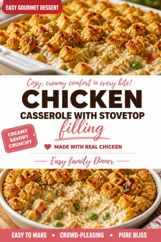Delicious cozy chicken stuffing casserole served in a dish