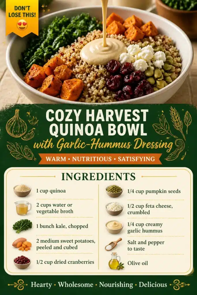 Cozy Harvest Quinoa Bowl with Garlic-Hummus Dressing, featuring vibrant vegetables and wholesome quinoa.