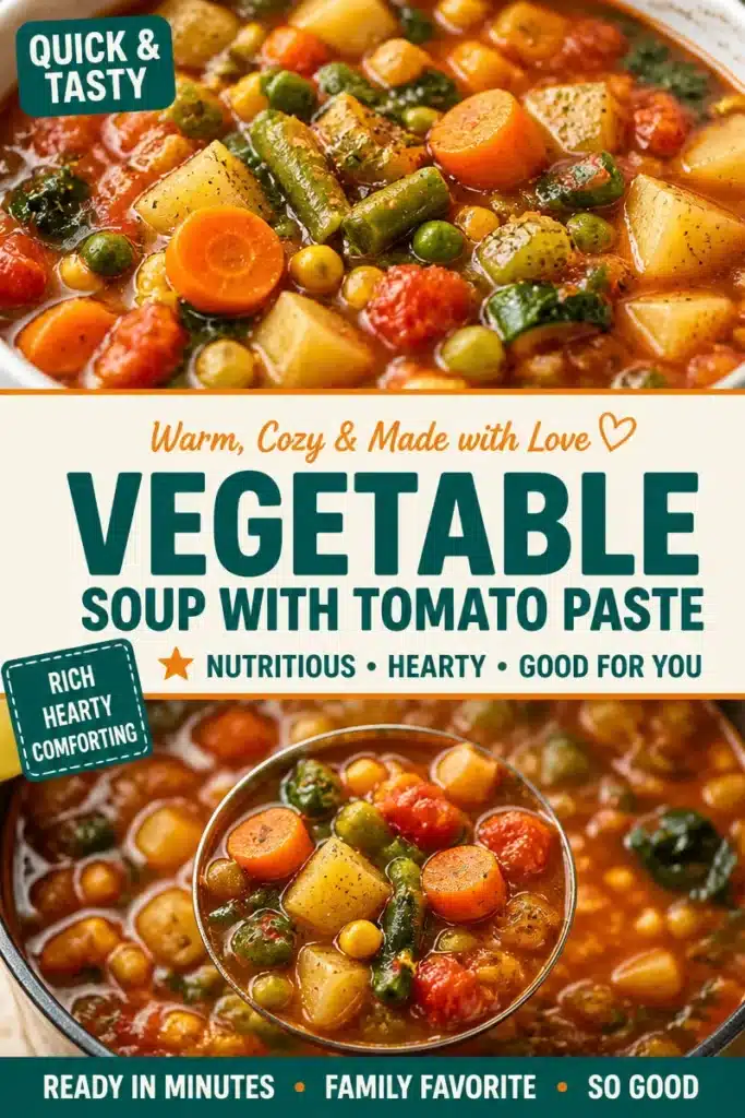Cozy hearty vegetable soup with tomato paste in a bowl