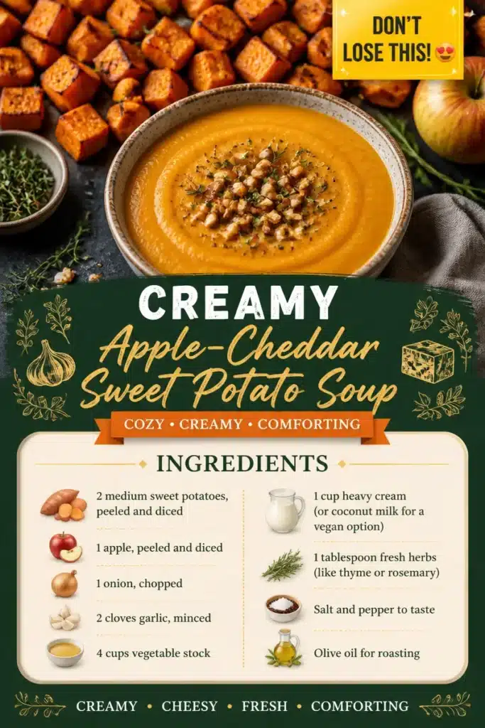 Bowl of creamy apple-cheddar sweet potato soup topped with fresh herbs.