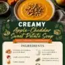 Bowl of creamy apple-cheddar sweet potato soup topped with fresh herbs.