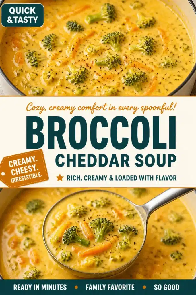 A bowl of creamy broccoli cheddar soup topped with cheddar cheese and fresh broccoli