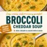 A bowl of creamy broccoli cheddar soup topped with cheddar cheese and fresh broccoli