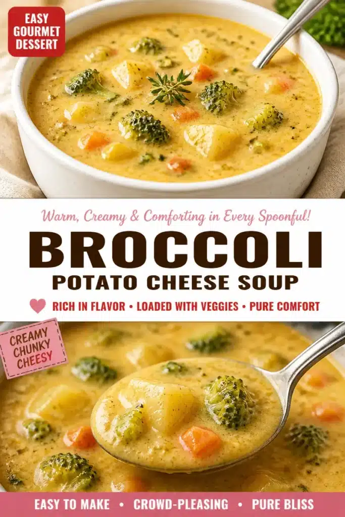 Creamy broccoli cheese soup with potatoes served in a bowl
