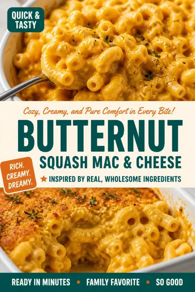 Creamy butternut squash macaroni and cheese served in a bowl with herbs