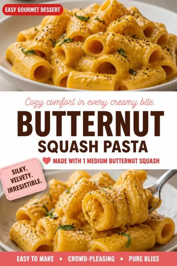 Creamy butternut squash pasta dish served in a bowl with herbs