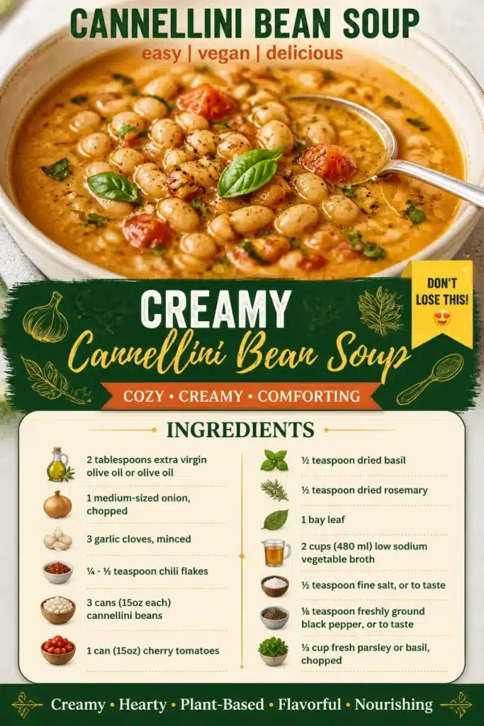Bowl of creamy cannellini bean soup garnished with herbs