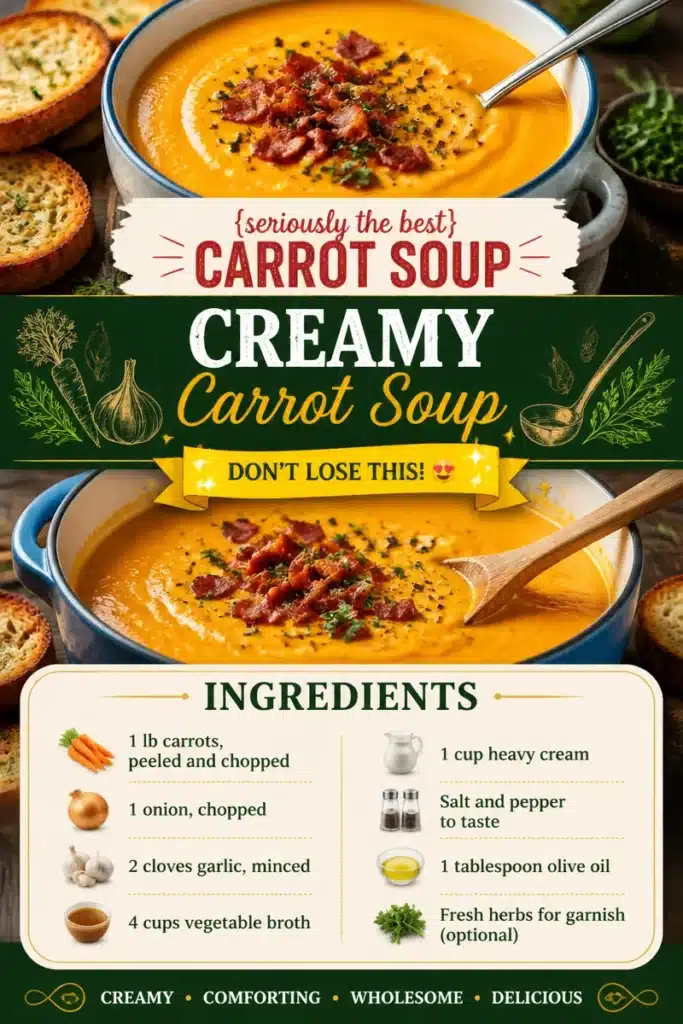 Bowl of creamy carrot soup garnished with herbs and served with bread.