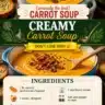 Bowl of creamy carrot soup garnished with herbs and served with bread.