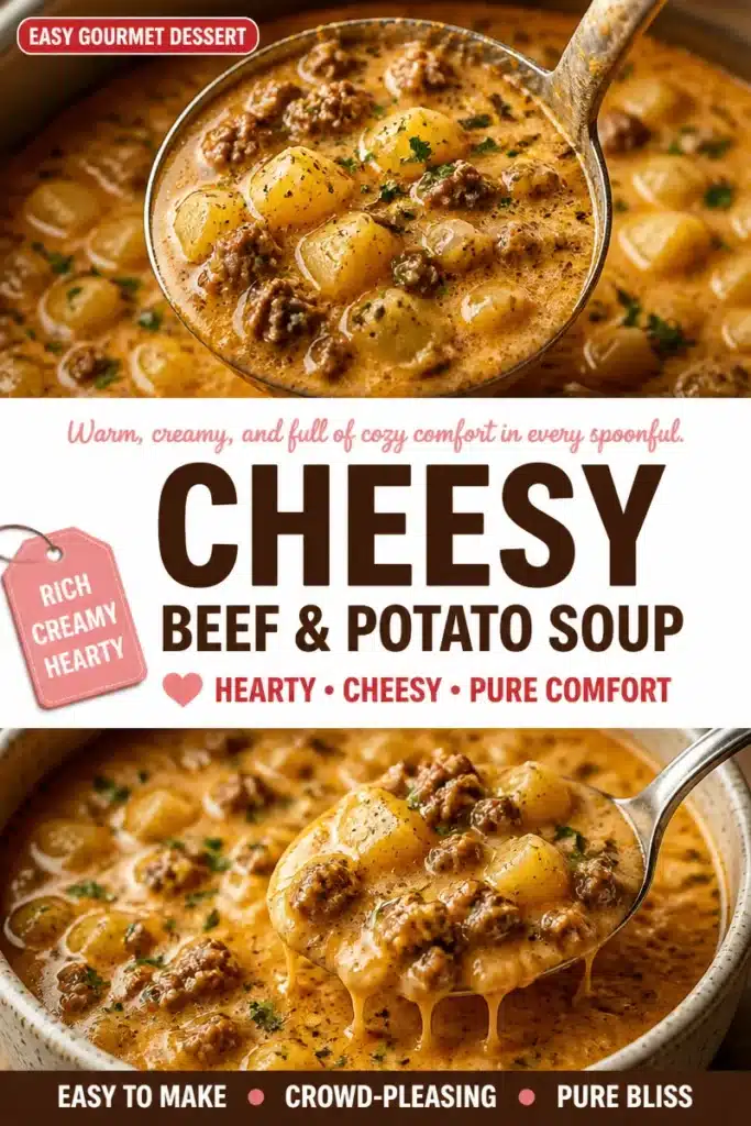 Bowl of creamy cheesy beef and potato soup garnished with herbs