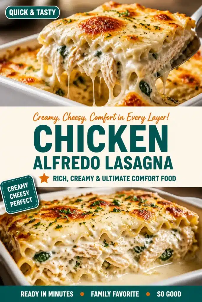Delicious Chicken Alfredo Lasagna served in a bowl with melted cheese and herbs