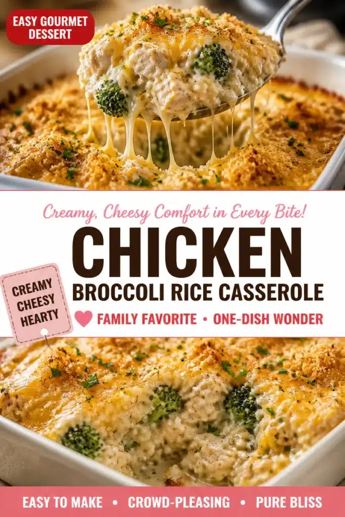 Creamy chicken, broccoli, and rice casserole in a baking dish