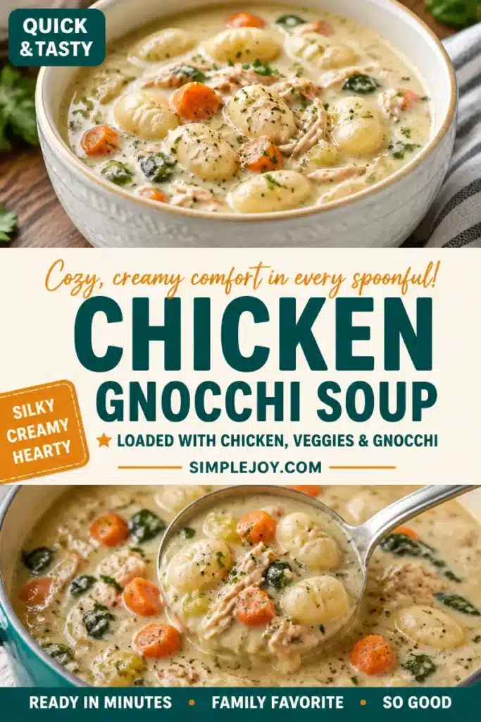 Bowl of creamy chicken gnocchi soup with herbs and vegetables