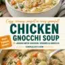 Bowl of creamy chicken gnocchi soup with herbs and vegetables
