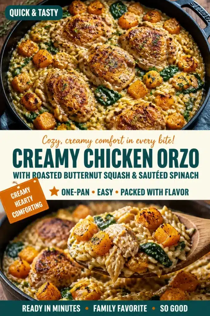 Creamy chicken orzo with roasted butternut squash and sautéed spinach in a bowl