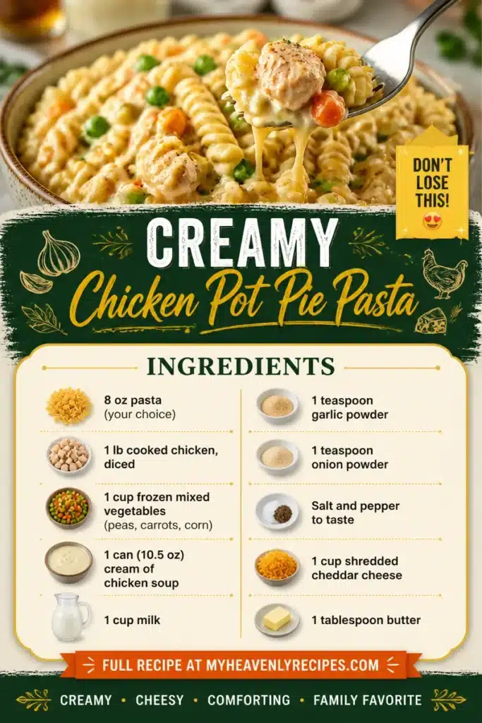 Creamy chicken pot pie pasta in a bowl, garnished with herbs.