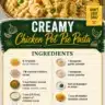 Creamy chicken pot pie pasta in a bowl, garnished with herbs.