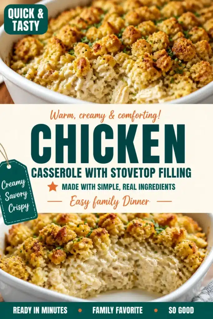 Creamy chicken stuffing casserole topped with herbs, perfect for family dinners.