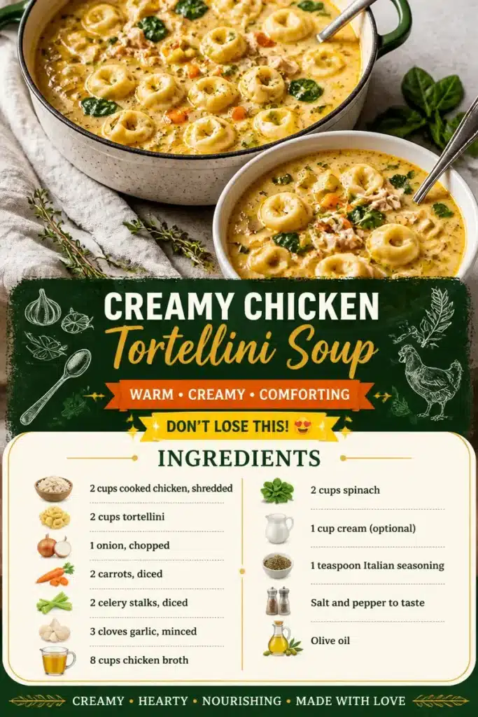 Bowl of creamy chicken tortellini soup with fresh herbs and vegetables