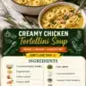 Bowl of creamy chicken tortellini soup with fresh herbs and vegetables