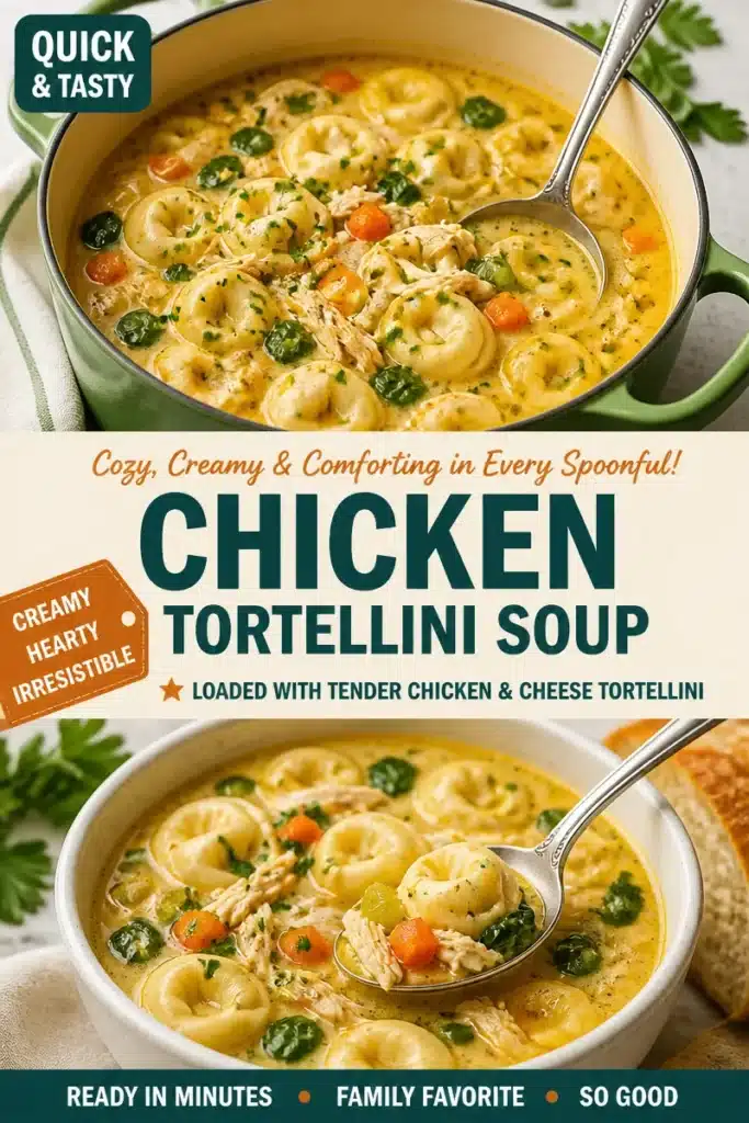 Delicious creamy chicken tortellini soup garnished with herbs in a bowl