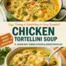 Delicious creamy chicken tortellini soup garnished with herbs in a bowl
