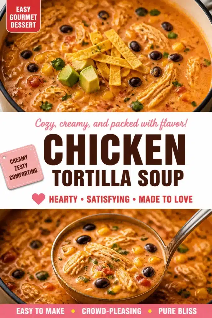 Creamy chicken tortilla soup garnished with tortilla strips and fresh cilantro