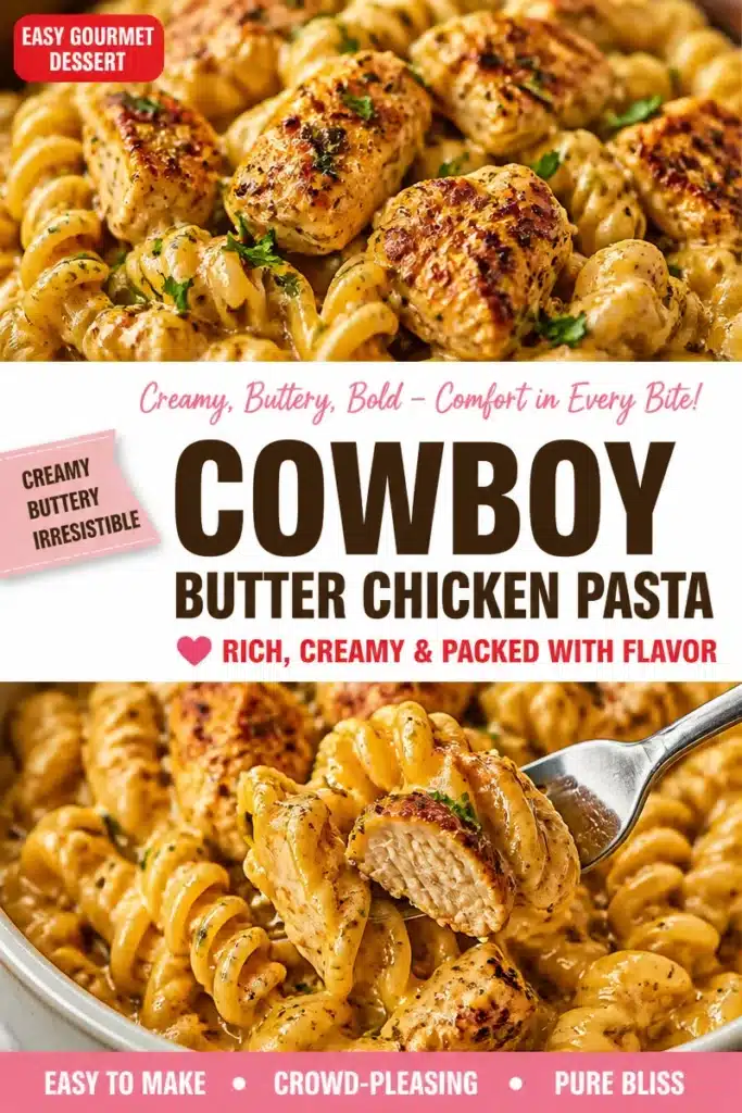 Creamy cowboy butter chicken pasta served in a bowl with herbs