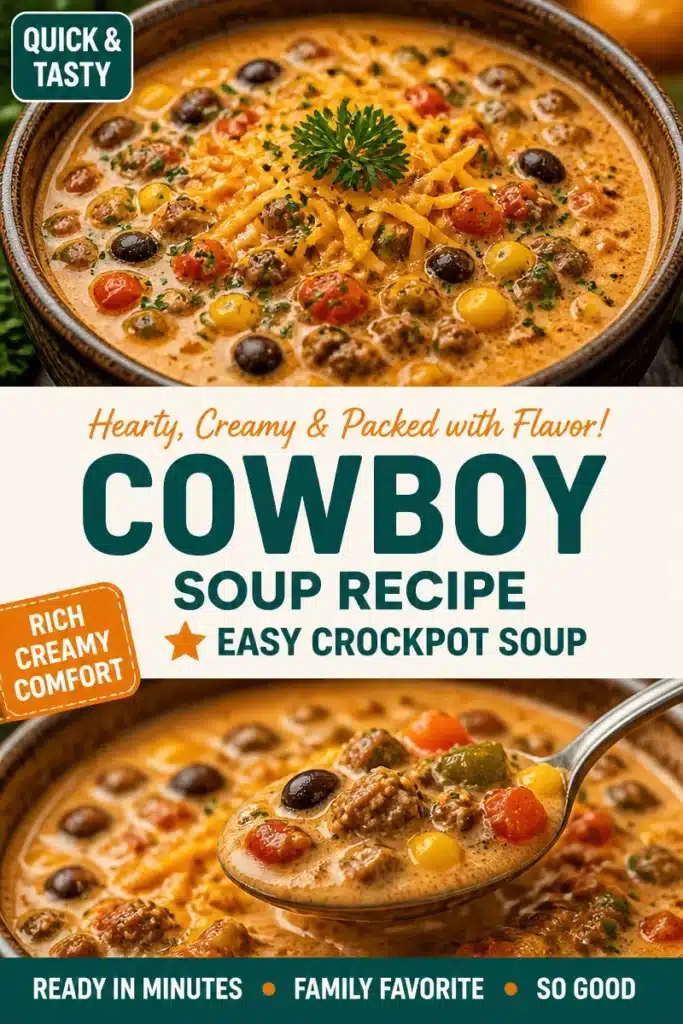 Bowl of creamy cowboy soup with vegetables and meat