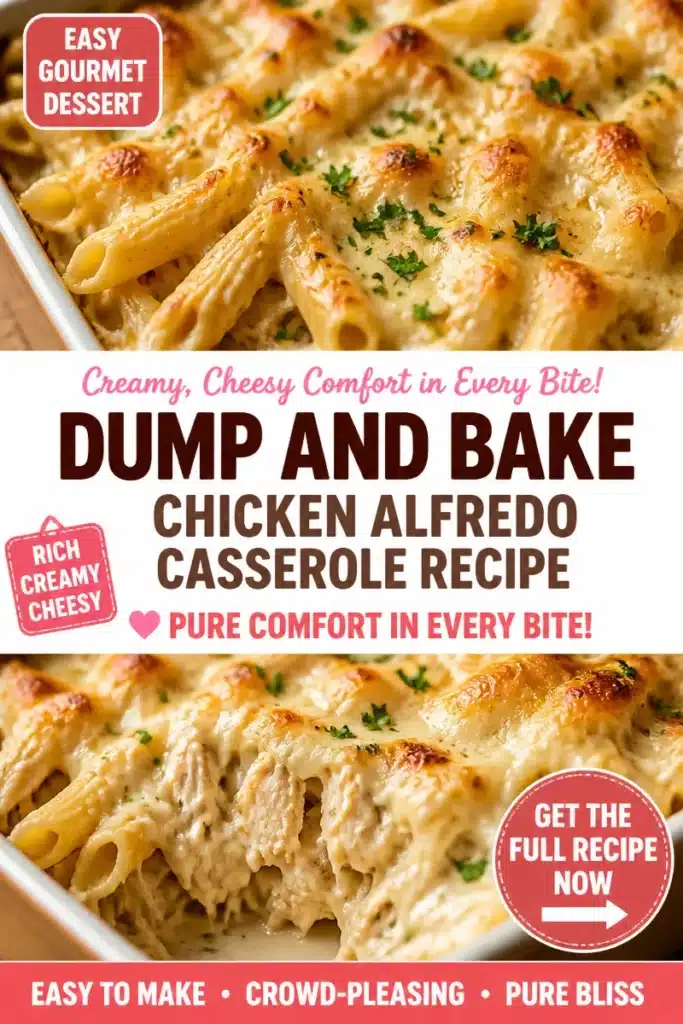 Creamy dump-and-bake chicken alfredo casserole served in a baking dish.