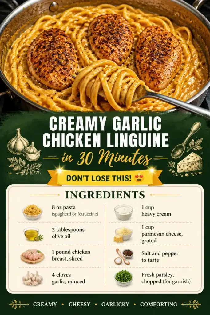 Creamy Garlic Chicken Linguine dish served with fresh herbs and parmesan cheese