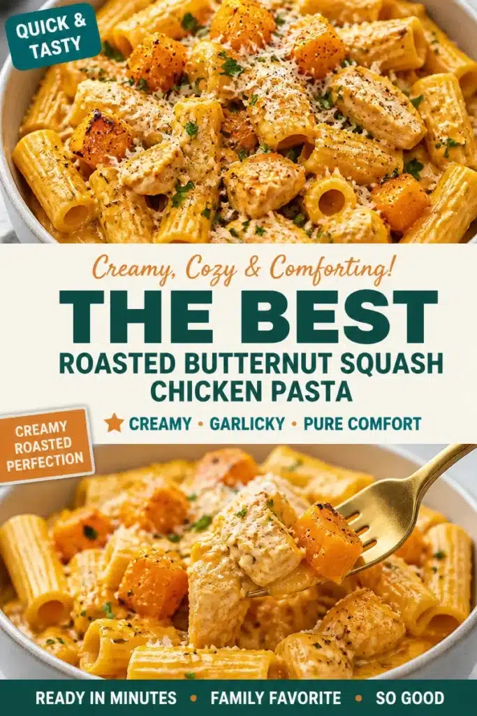 Creamy garlic chicken pasta dish with roasted butternut squash