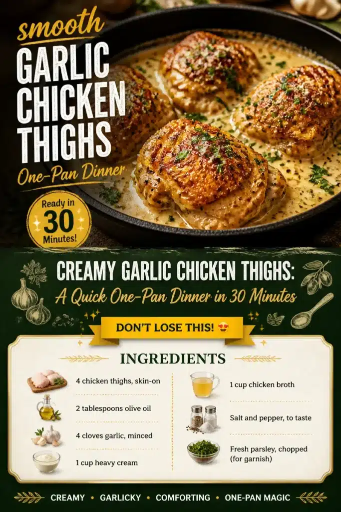 Creamy garlic chicken thighs served in a pan, ready to eat in 30 minutes.