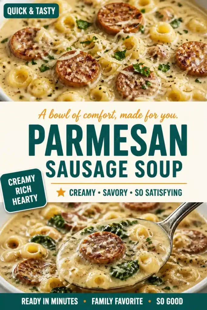 Bowl of creamy Parmesan sausage soup garnished with parsley