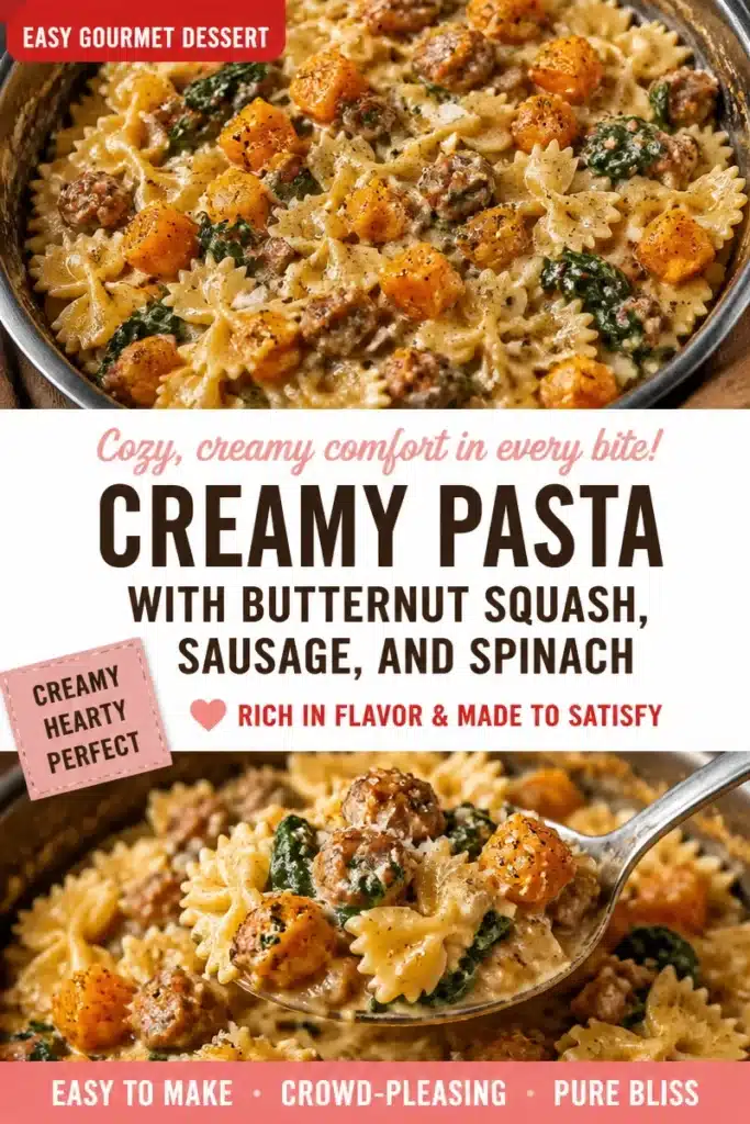 Creamy pasta with butternut squash, sausage, and spinach for a cozy dinner.