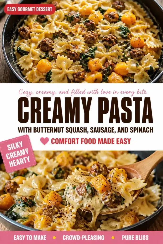 Creamy pasta with butternut squash, sausage, and spinach in a bowl