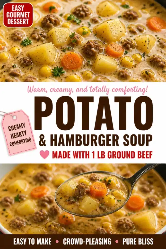 Bowl of creamy potato hamburger soup with ground beef and herbs