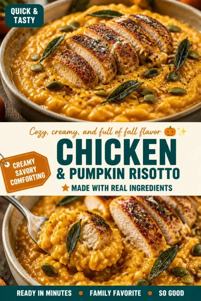 Creamy pumpkin and chicken risotto served in a bowl, garnished with parsley.