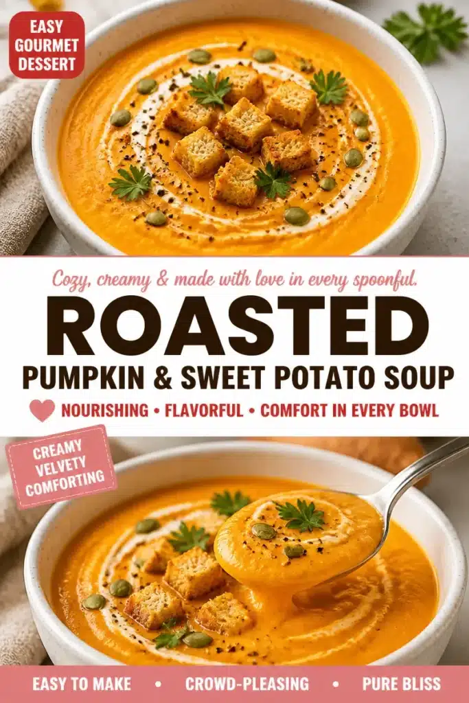 Bowl of creamy pumpkin and sweet potato soup garnished with herbs